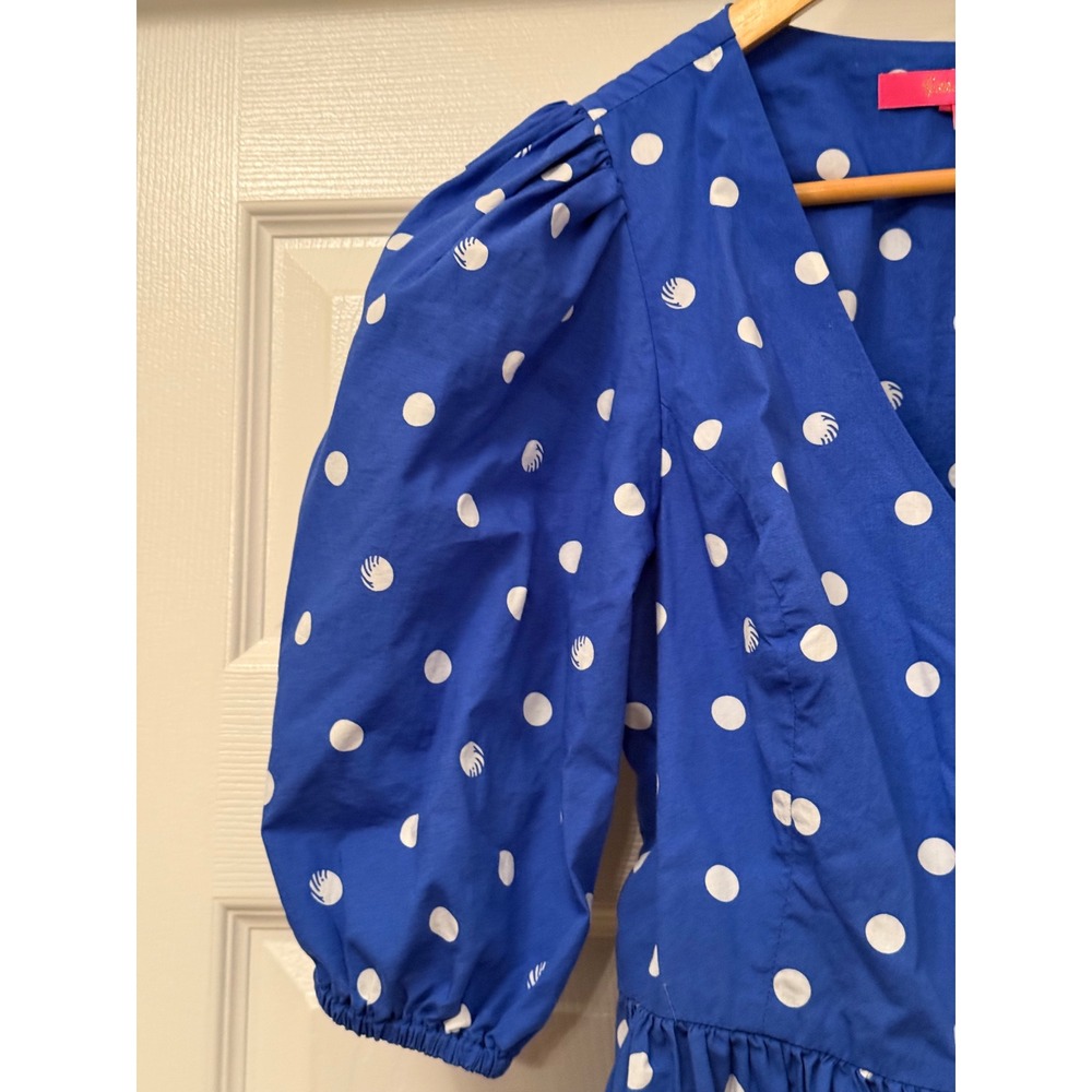 Lilly Pulitzer Wrap Top Women S Blue Polka Dot Shell Puff Sleeve Peplum Cotton - Picture 2 of 7